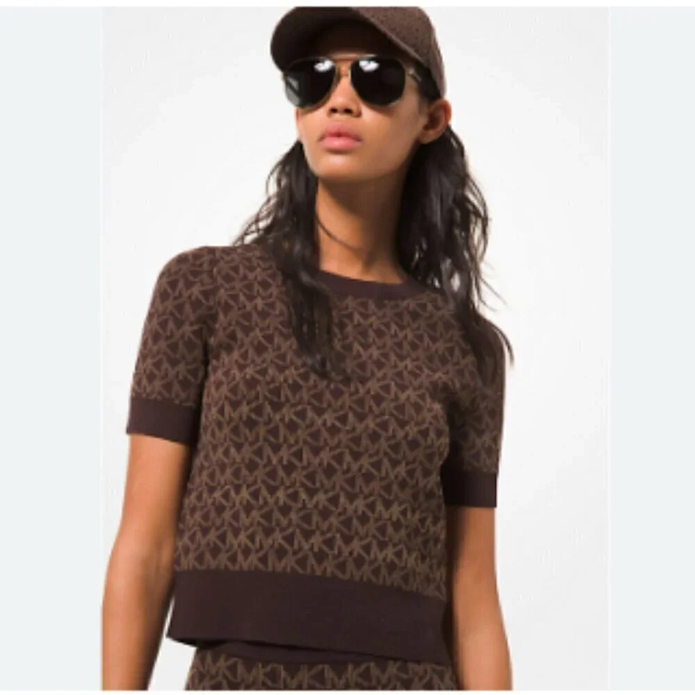 NWOT MICHAEL KORS LOGO JACQUARD SHORT-SLEEVE SWEATER